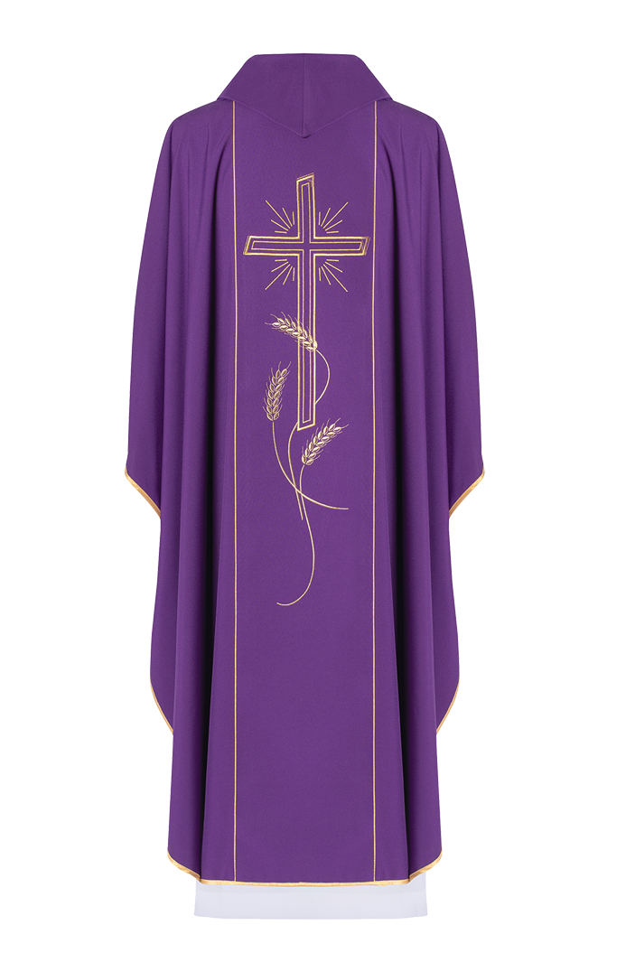 Purple chasuble with embroidered Cross IHS symbol