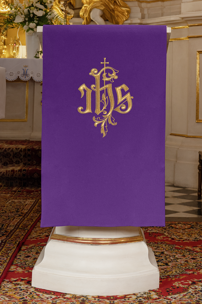 Lectern cover embroidered with IHS symbol in purple