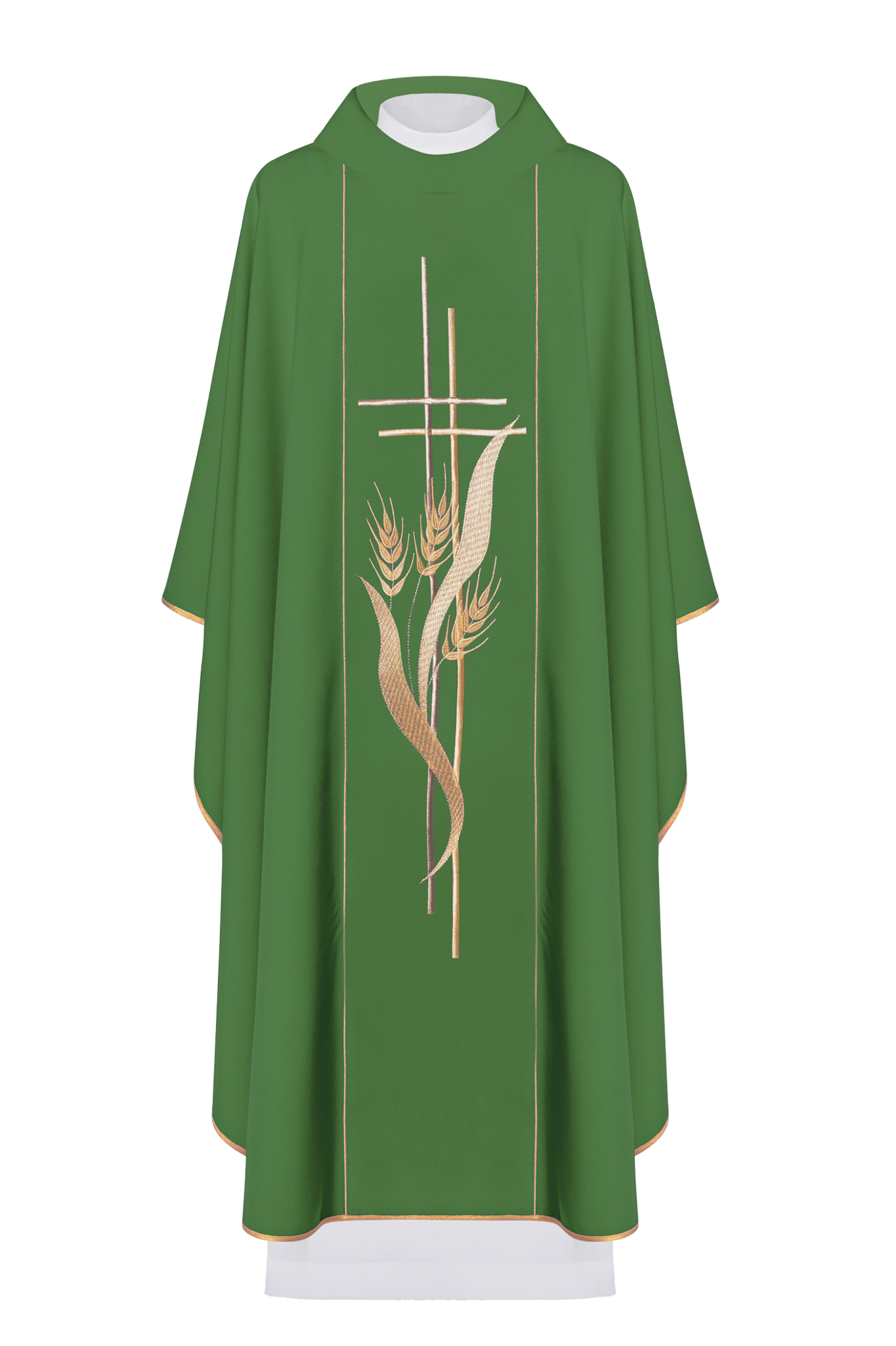 Green chasuble embroidered with motifs of cross and wheat KOR/114/01/01 ZIELONY - HAFTINAUSA.COM