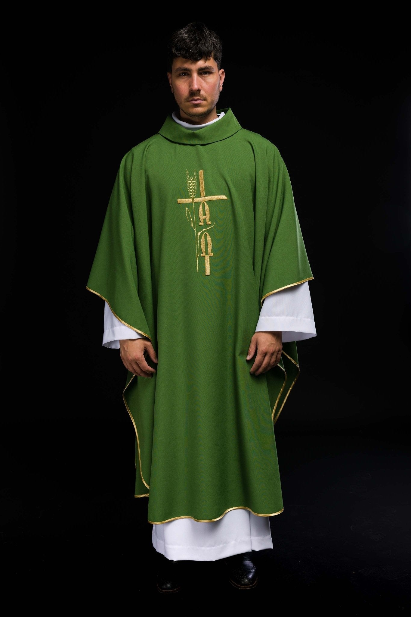 Green chasuble with cross and alfa omega symbols KOR/013/01/12 ZIELONY - HAFTINAUSA.COM