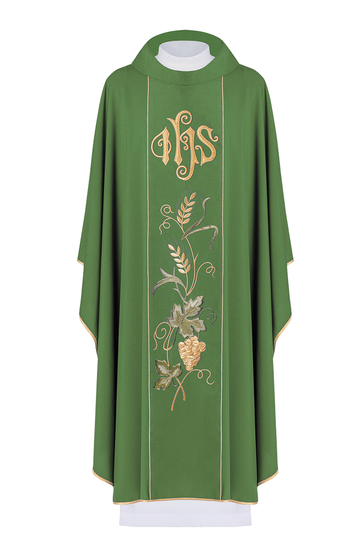 Green chasuble with IHS, ears of wheat, and grapes embroidery on a belt KOR/117/01/01 ZIELONY - HAFTINAUSA.COM
