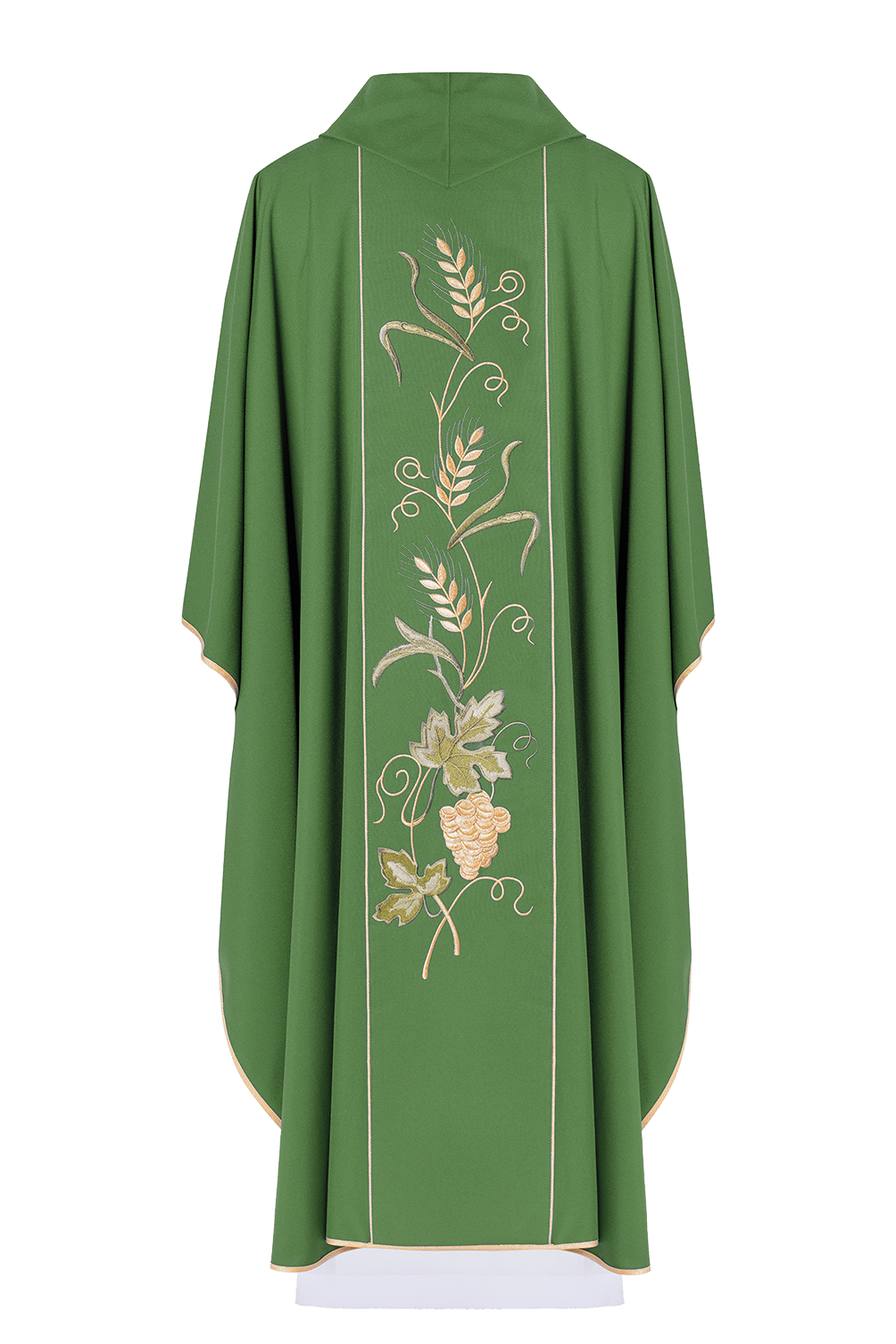 Green chasuble with IHS, ears of wheat, and grapes embroidery on a belt KOR/117/01/01 ZIELONY - HAFTINAUSA.COM