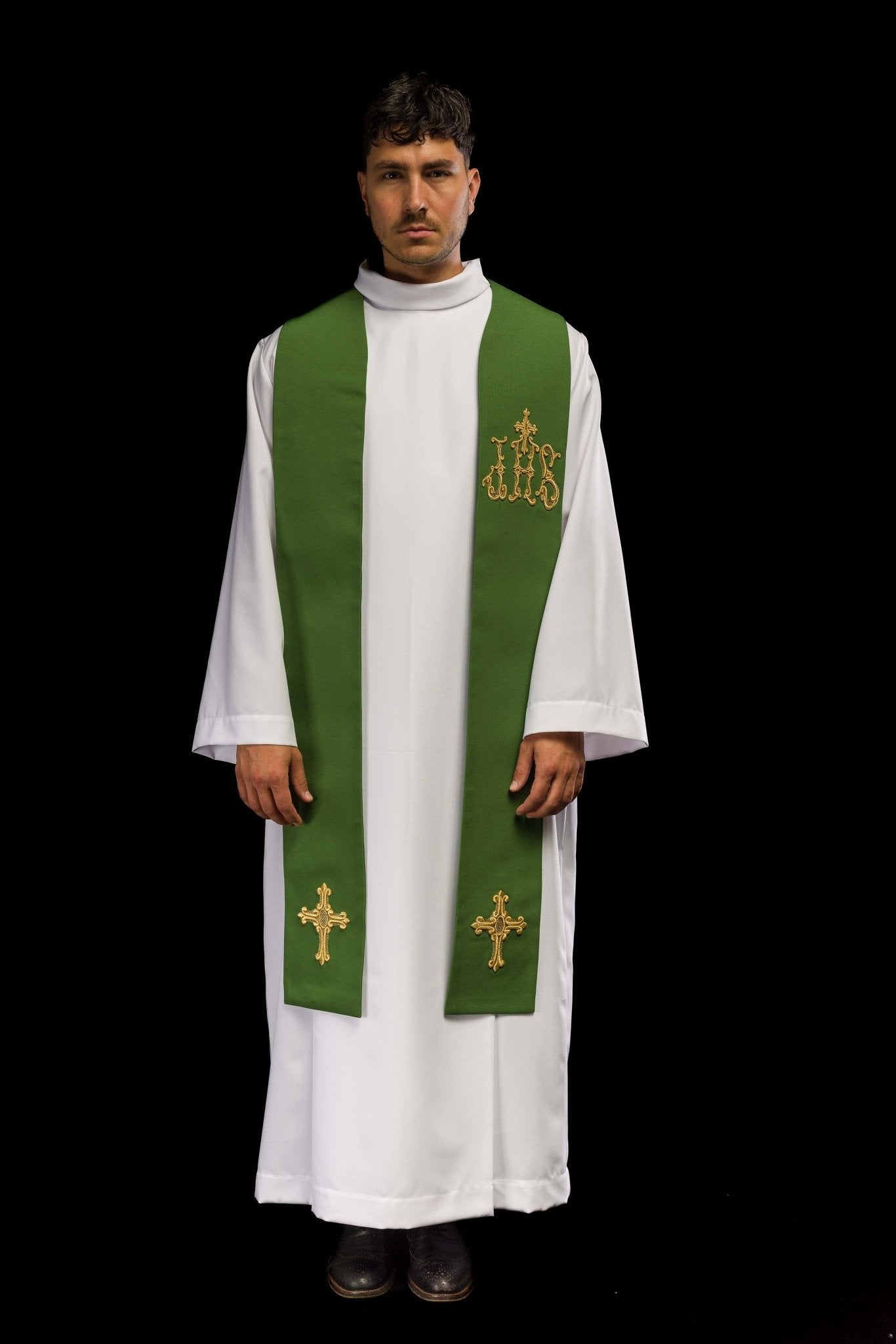 Green priestly stole embroidered cross and IHS KST/157/01/01 ZIELONY - HAFTINAUSA.COM