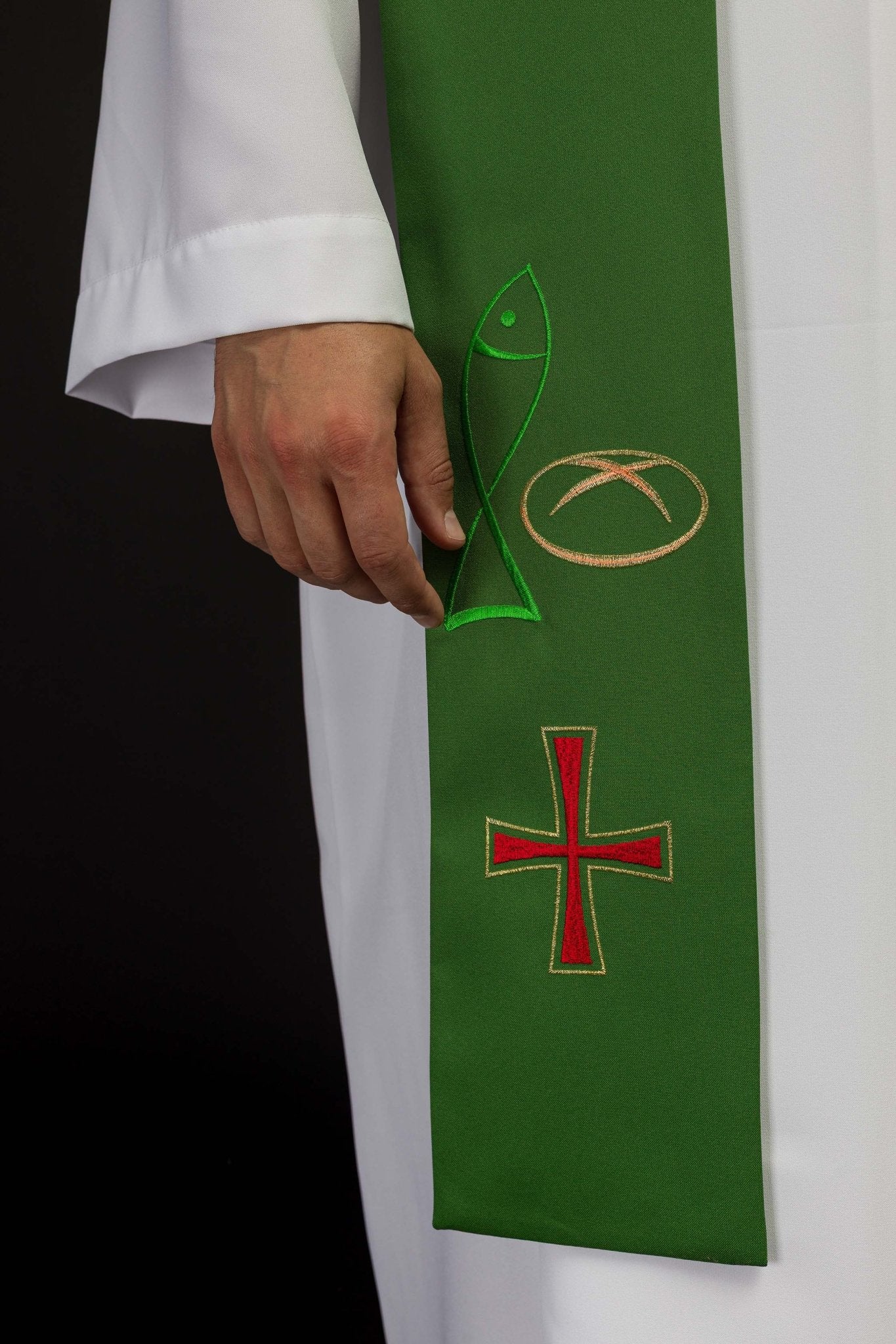 Green priestly stole embroidered with Bread Cross Fish motif KST/007/01/12 ZIELONY - HAFTINAUSA.COM