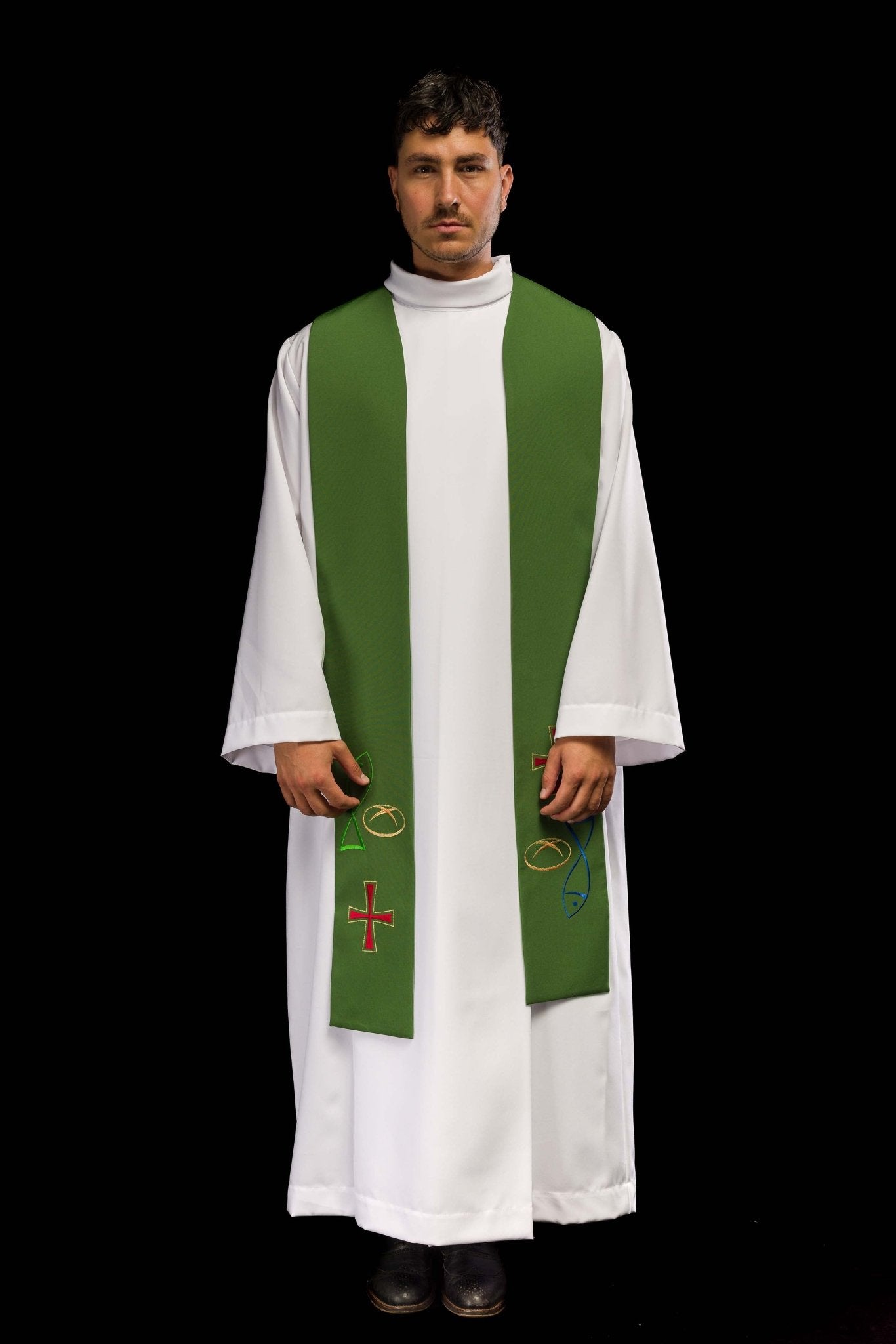 Green priestly stole embroidered with Bread Cross Fish motif KST/007/01/12 ZIELONY - HAFTINAUSA.COM