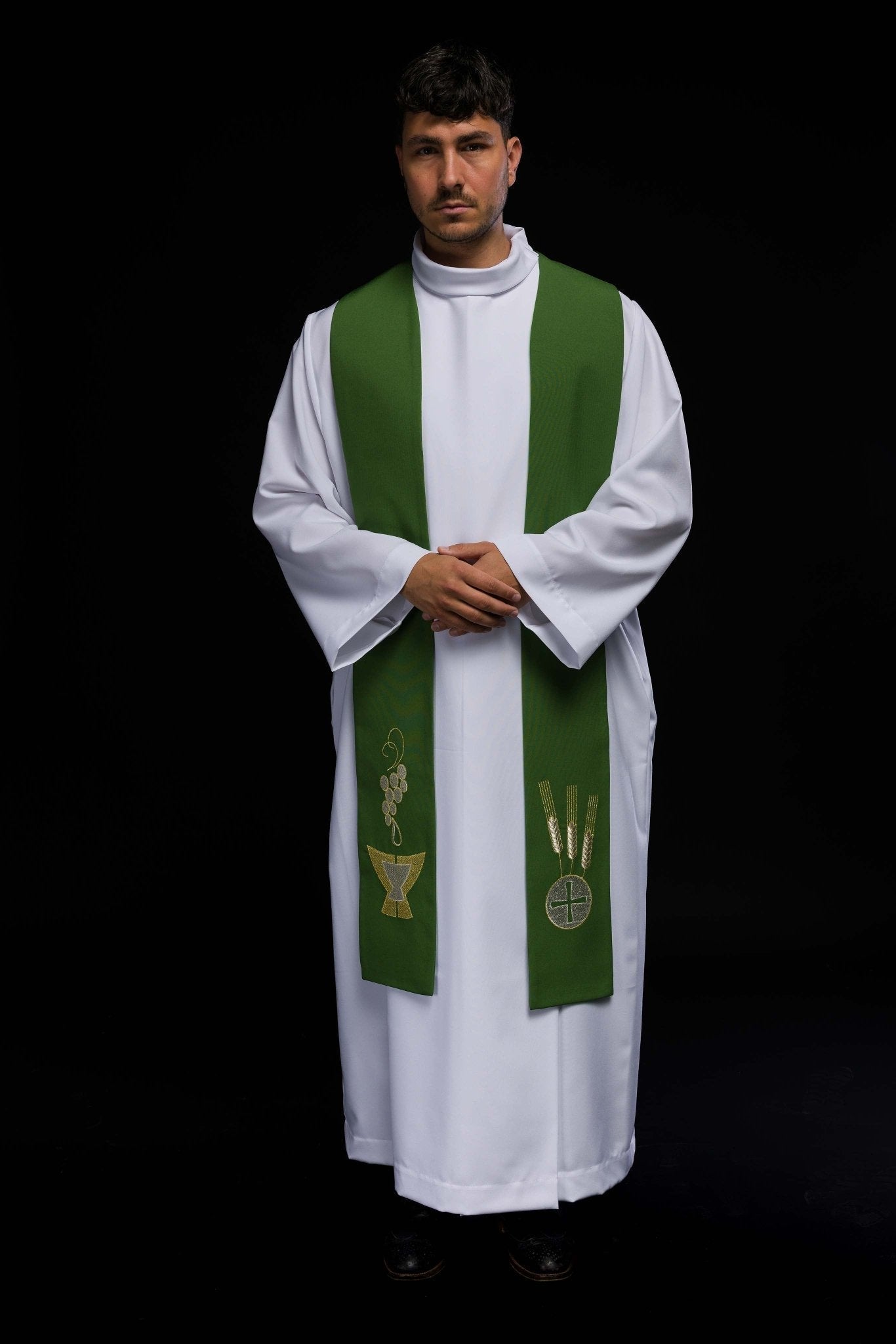 Green priestly stole embroidered with Chalice, Wheat, and Grapes KST/009/01/01 ZIELONY - HAFTINAUSA.COM