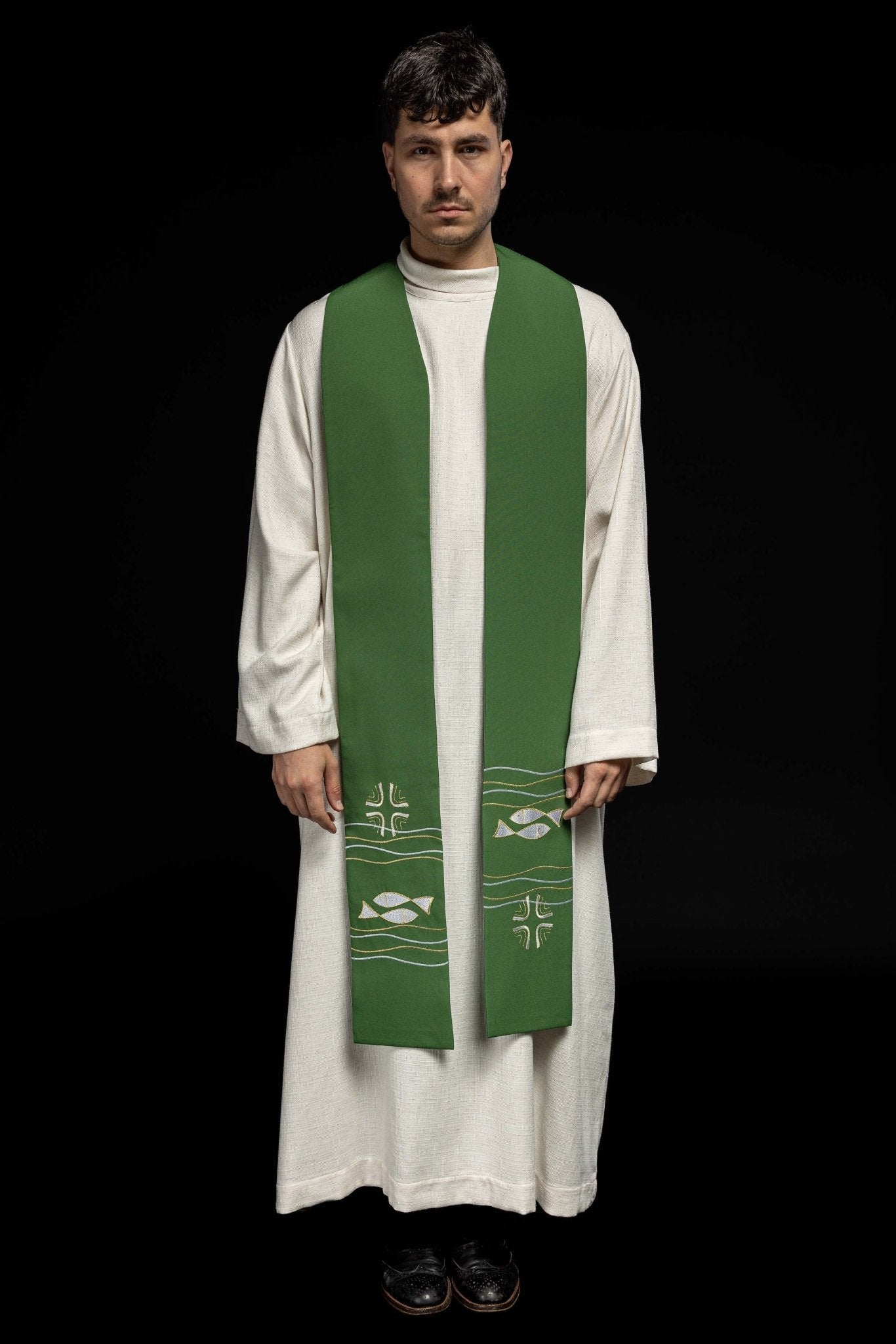 Green priestly stole with embroidered Fish motif KST/022/01/01 ZIELONY - HAFTINAUSA.COM