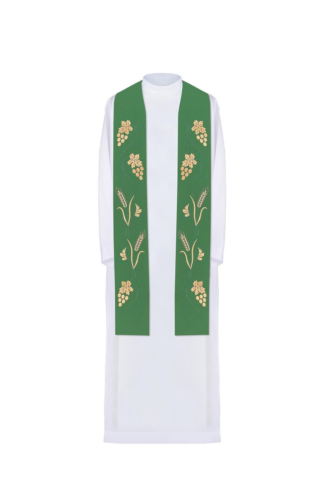 Green priestly stole with grape and wheat embroidery KST/001/01/01 ZIELONY - HAFTINAUSA.COM