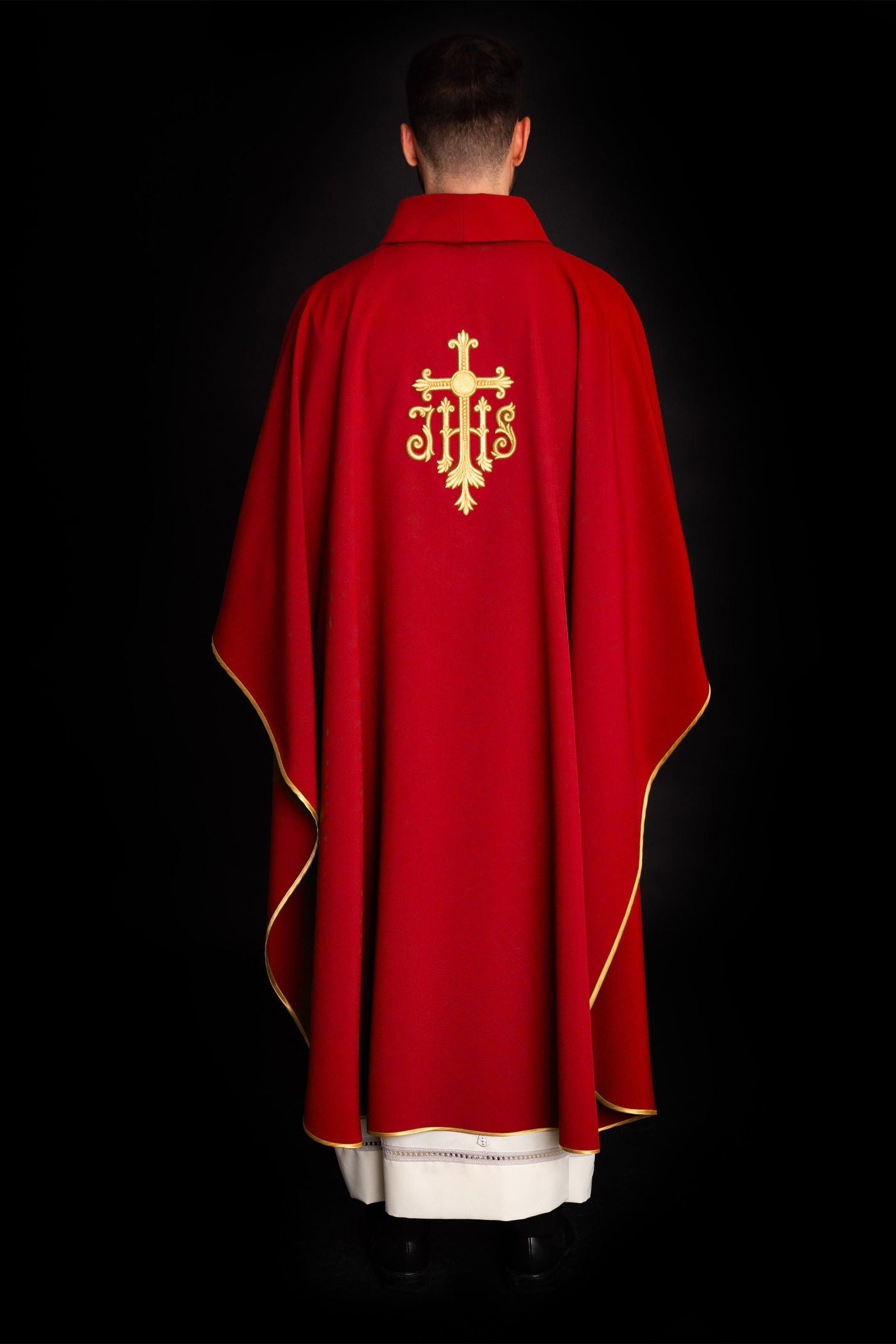 Chasuble embroidered with IHS symbol in red