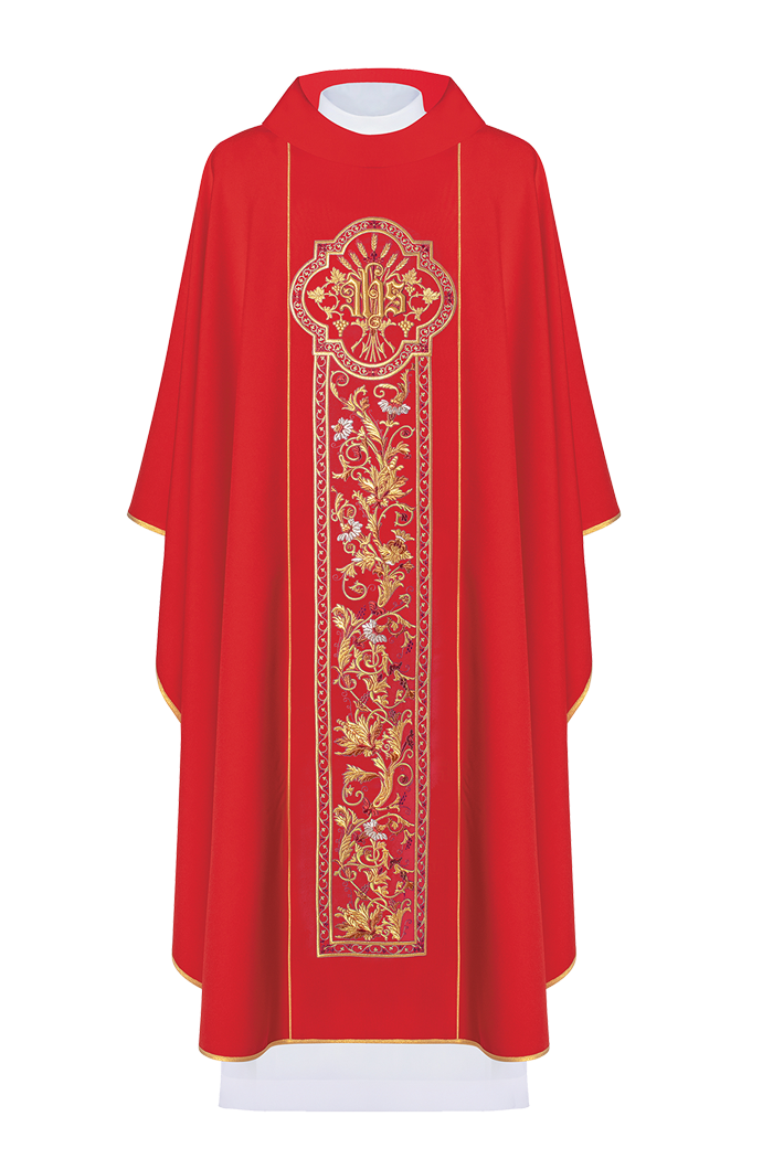 Red chasuble with gold JHS and modern embroidery motif