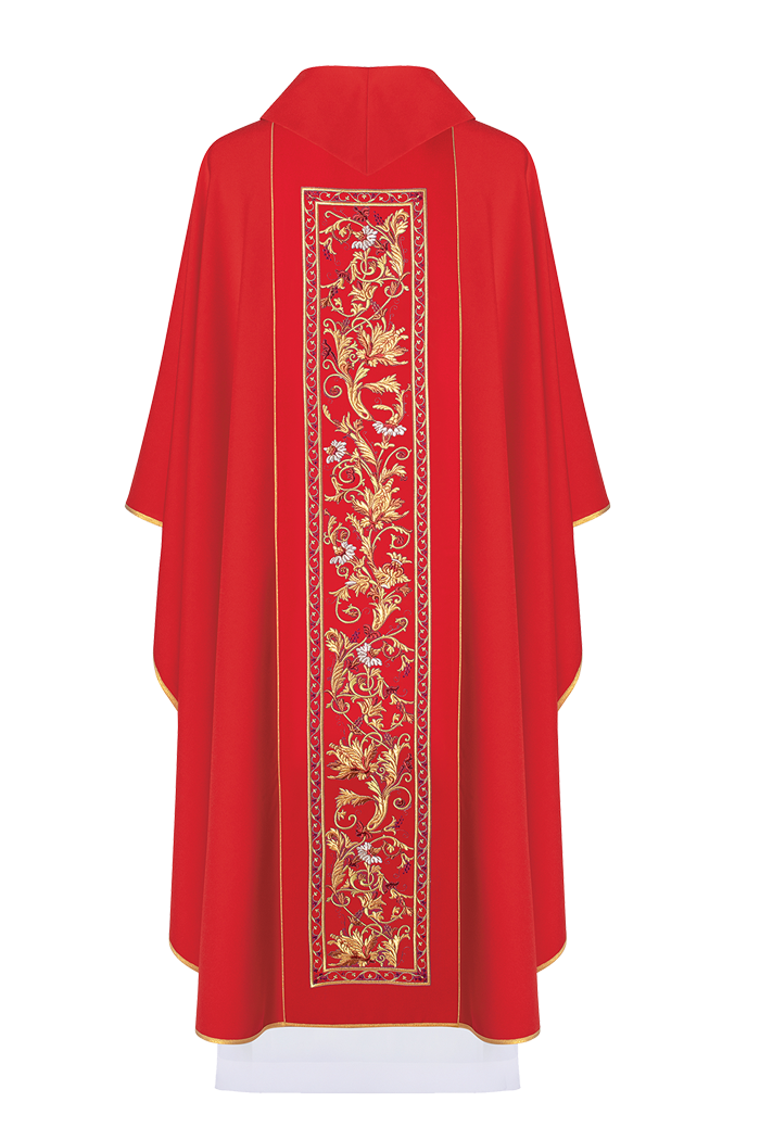 Red chasuble with gold JHS and modern embroidery motif