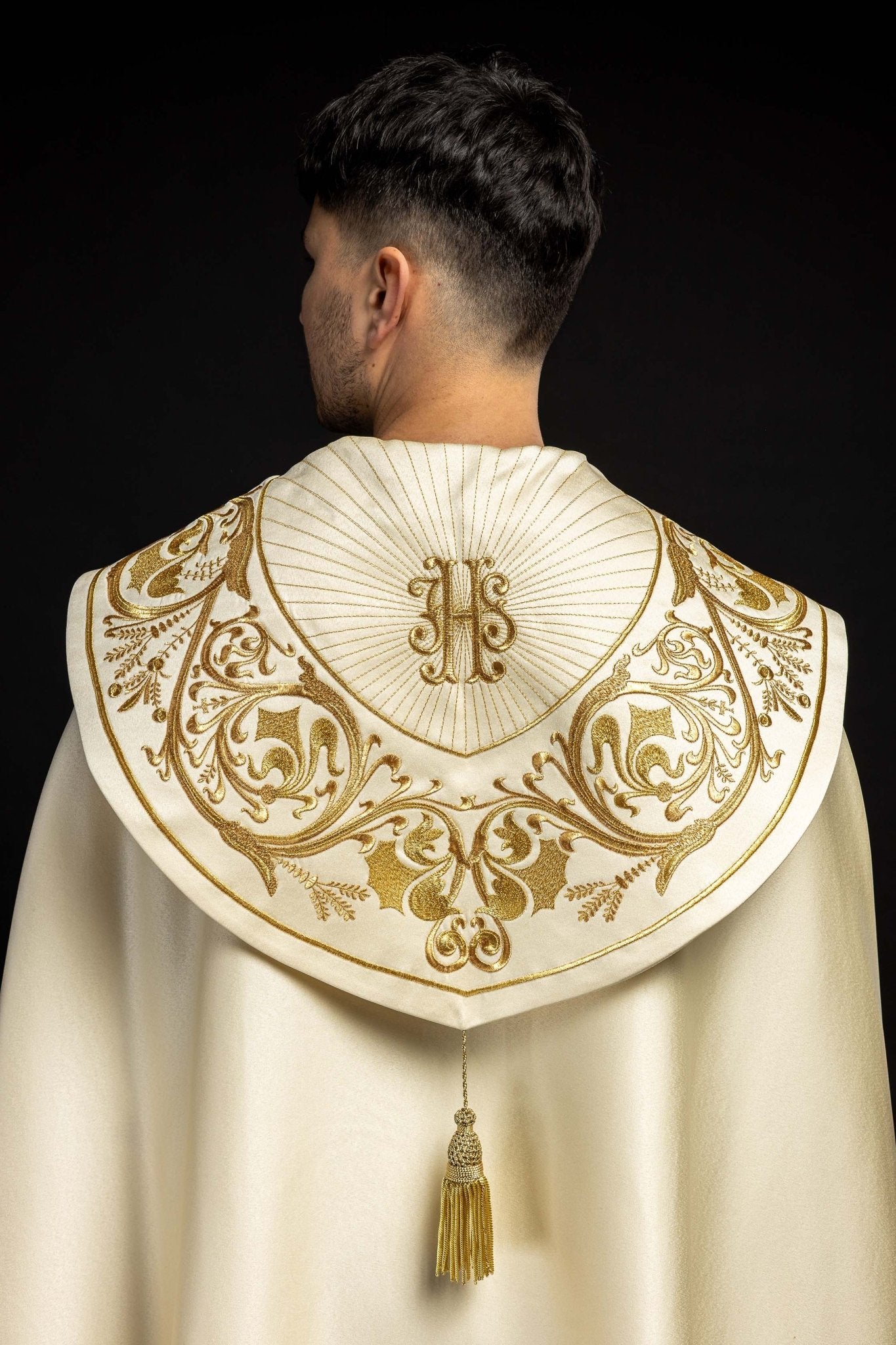 IHS embroidered ecru priest's cope KKP/009/05/20 ECRU SAT. POMPON 145 cm - HAFTINAUSA.COM