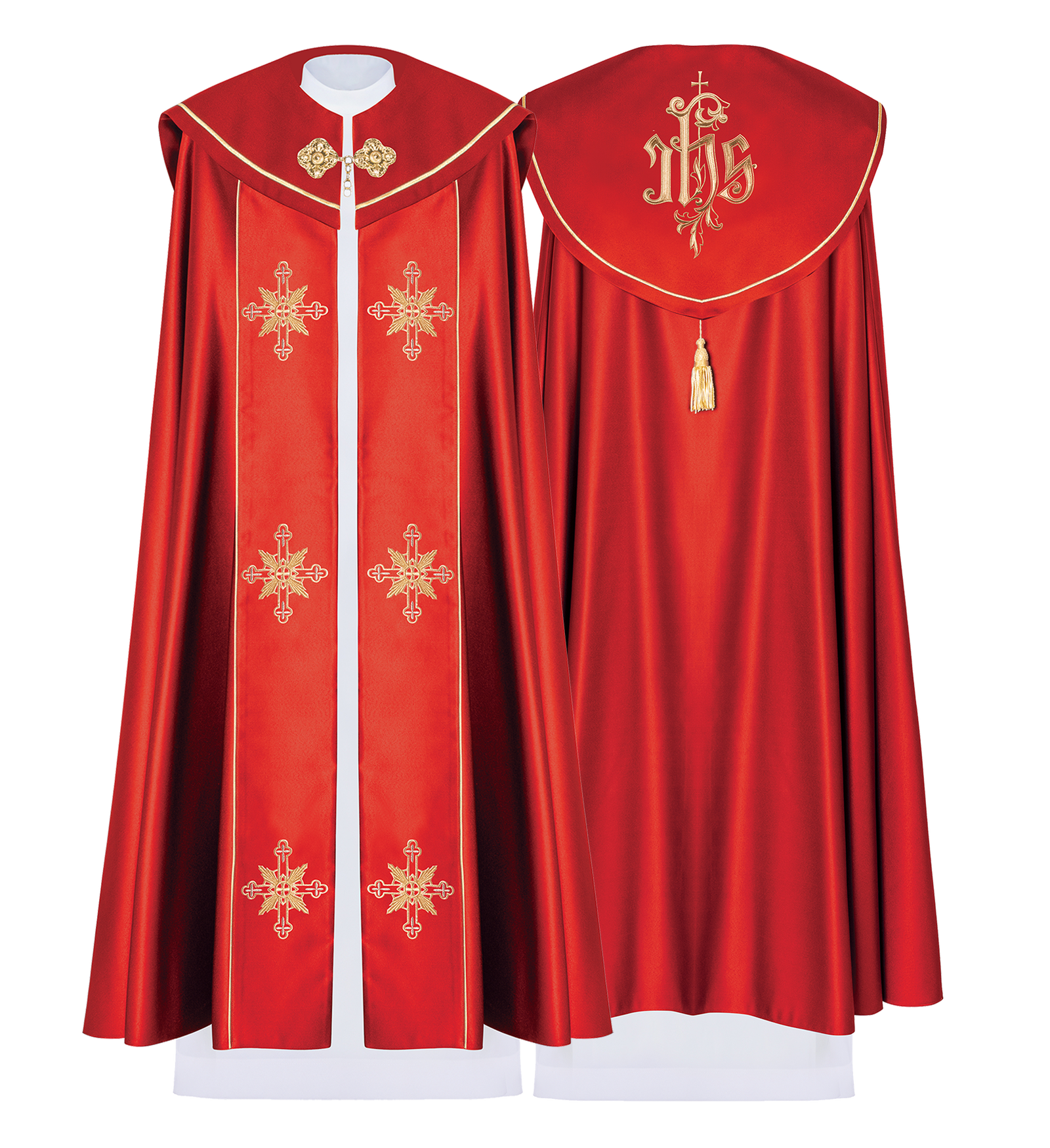 Red cope embroidered front and back with IHS monogram