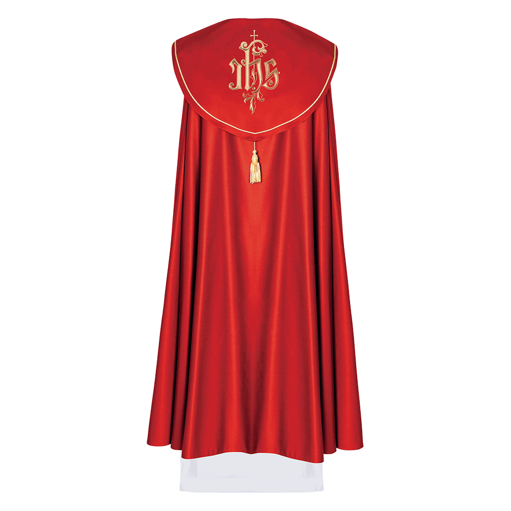 Red cope embroidered front and back with IHS monogram