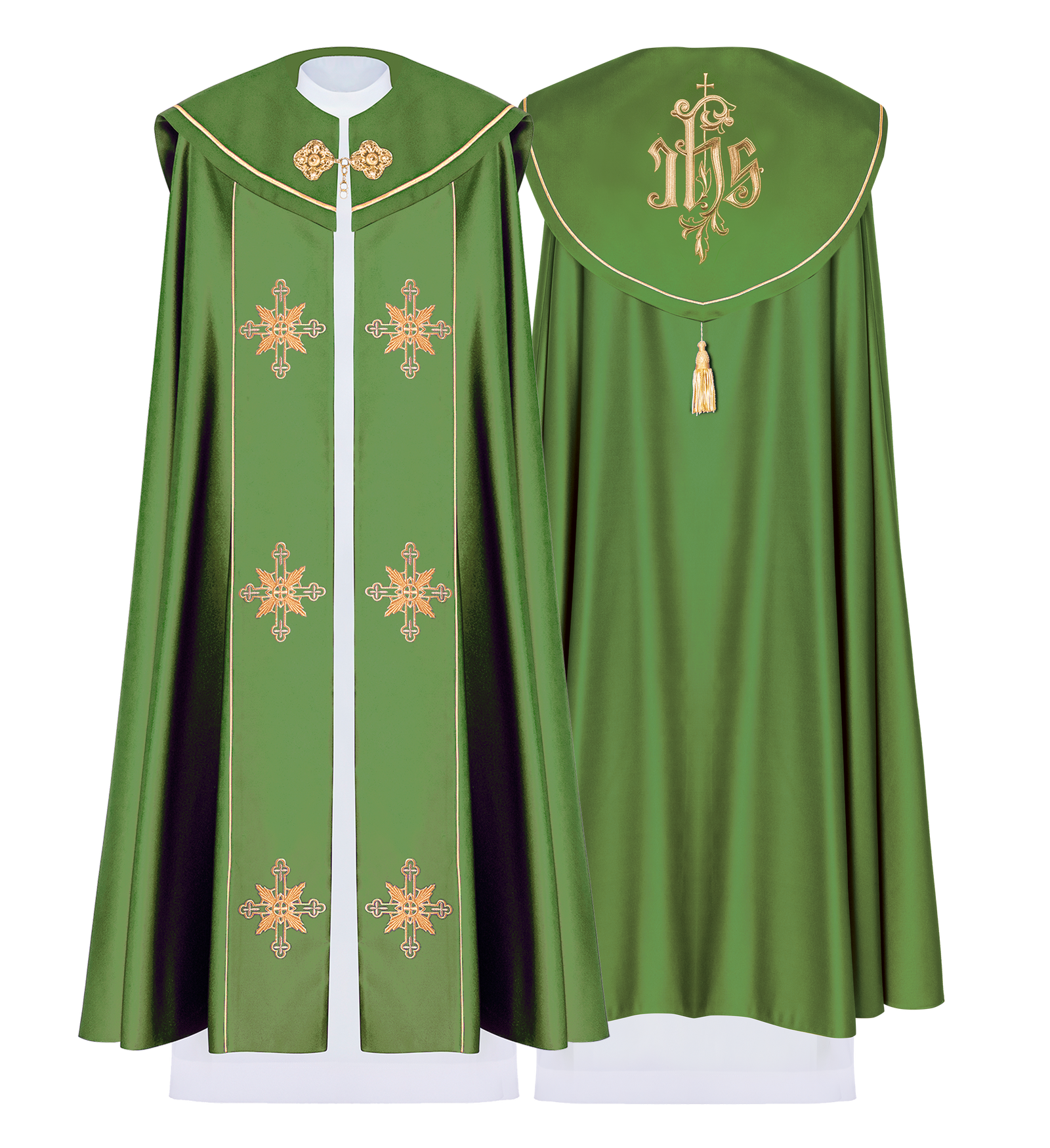 Green liturgical cope with crosses gold embroidery