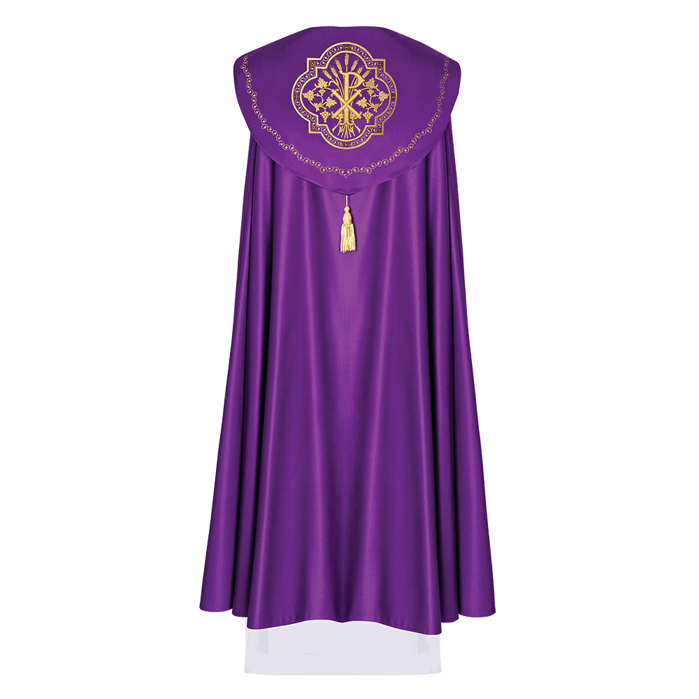 Purple christian cope with gold embroidery and PAX symbol