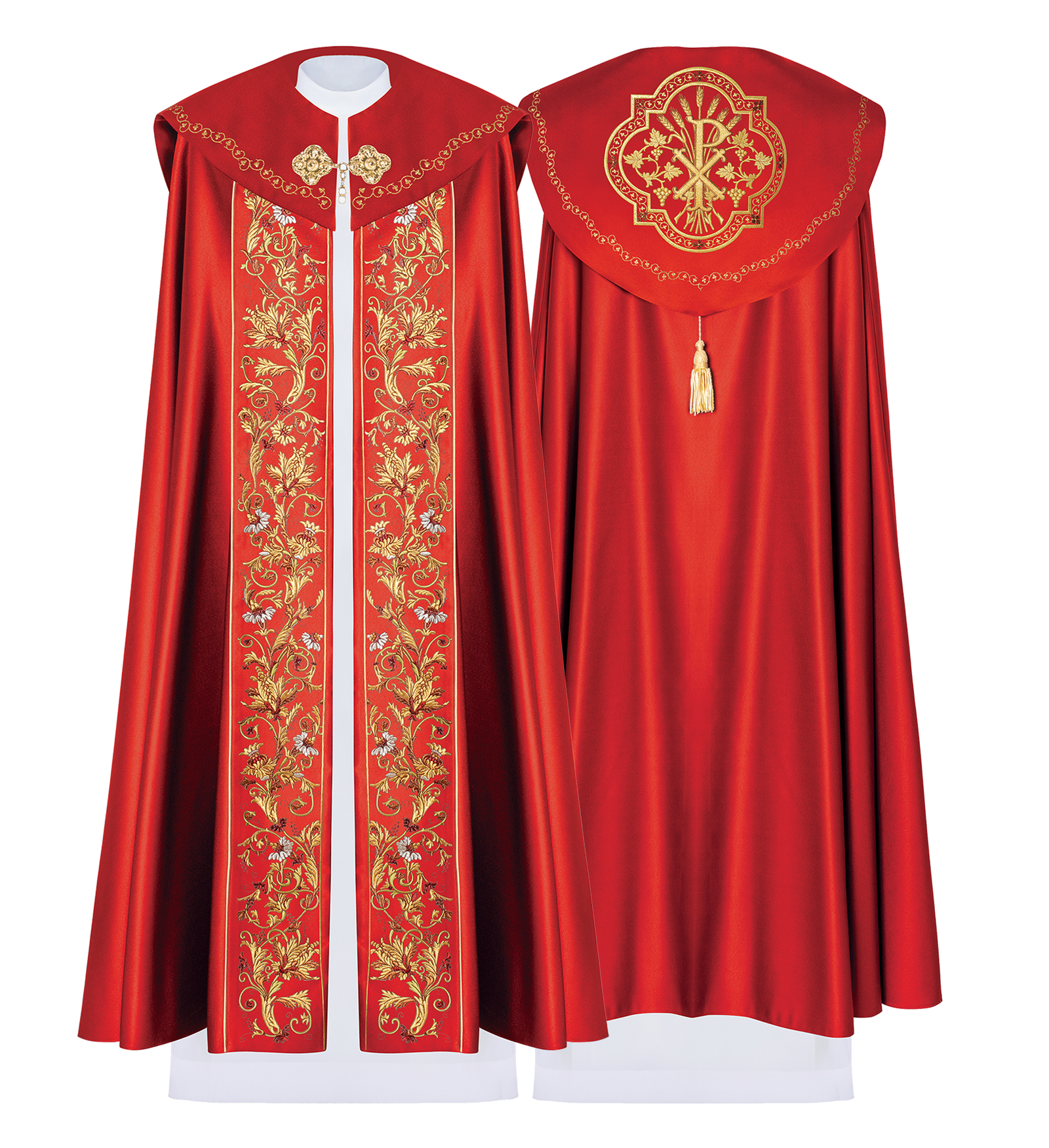 Liturgical cope made from red satin with gold embroidery