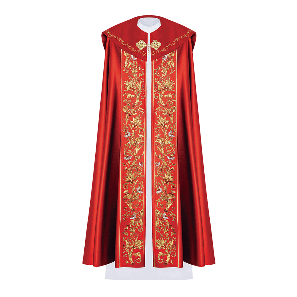 Liturgical cope made from red satin with gold embroidery