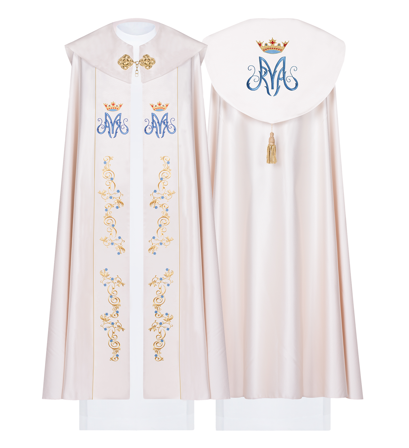 Marian cope in ecru with gold and blue embroidery