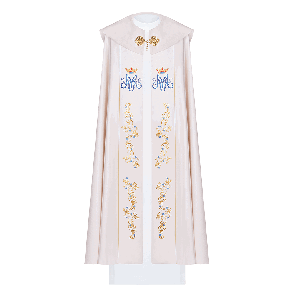 Marian cope in ecru with gold and blue embroidery