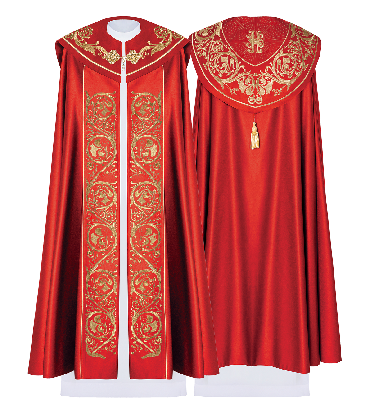 Red clerical cope with gold IHS embroidery