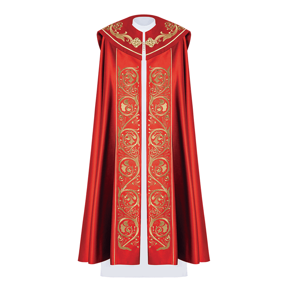 Red clerical cope with gold IHS embroidery