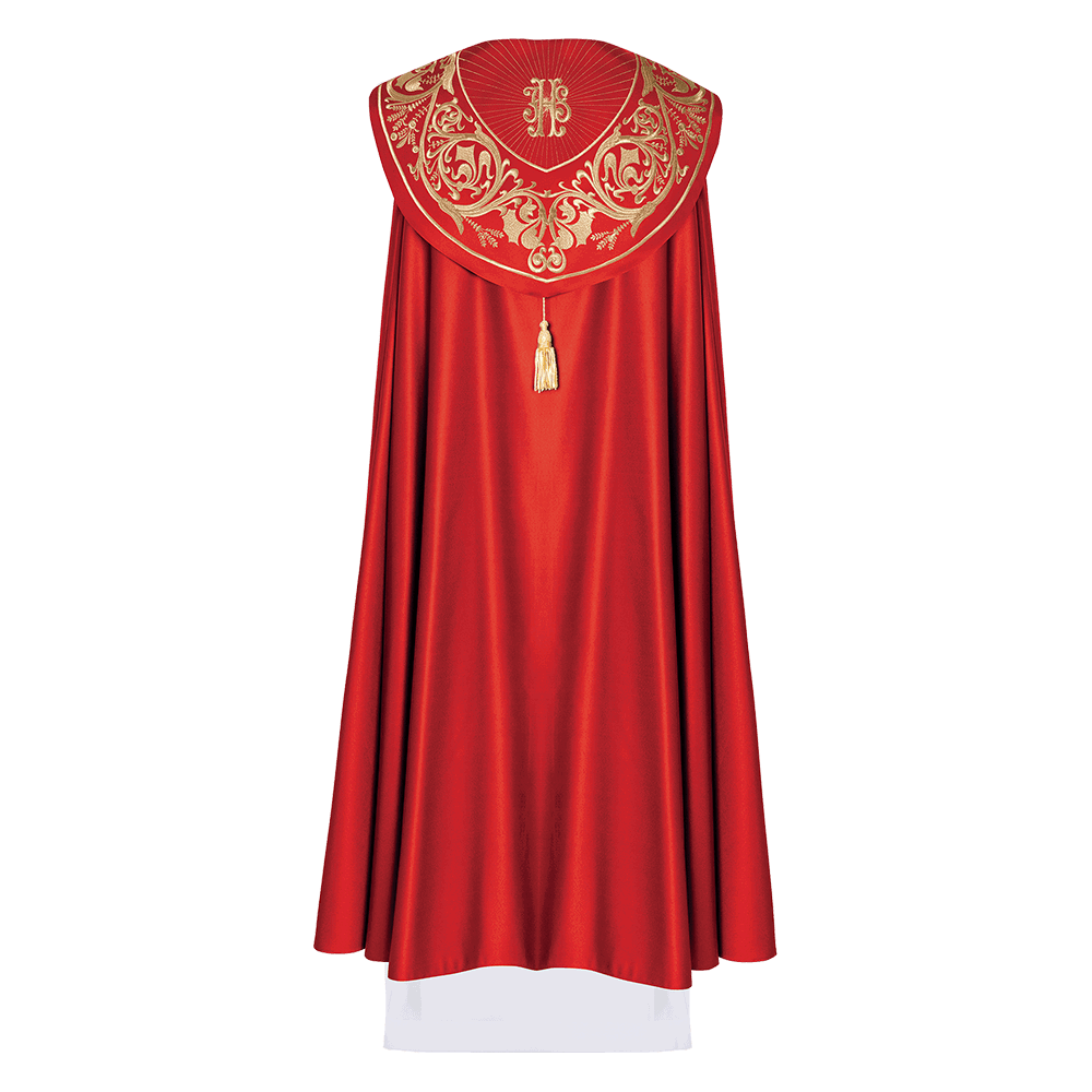 Red clerical cope with gold IHS embroidery