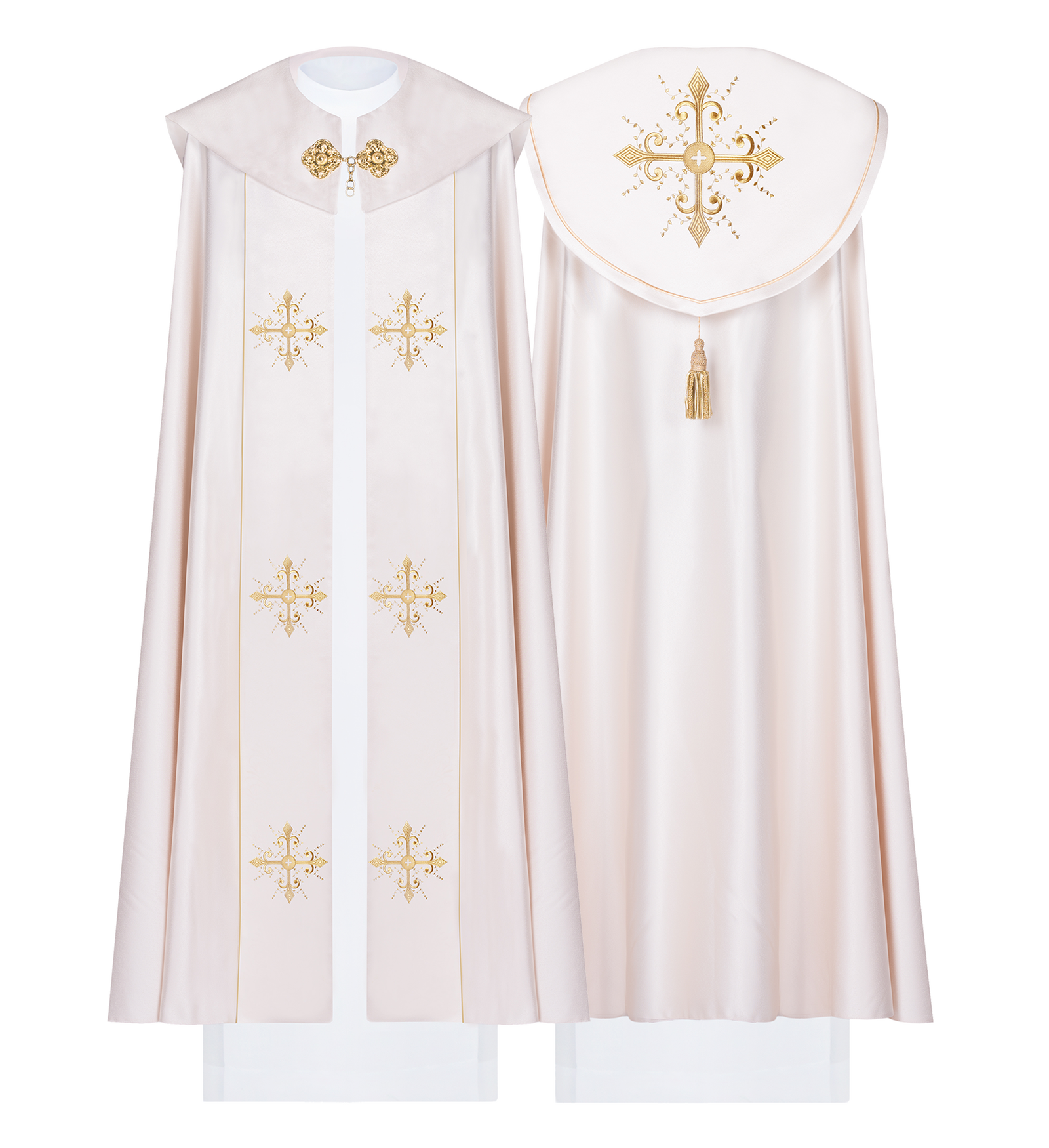 Simple liturgical cope in ecru with gold embroidered crosses - HAFTINAUSA.COM