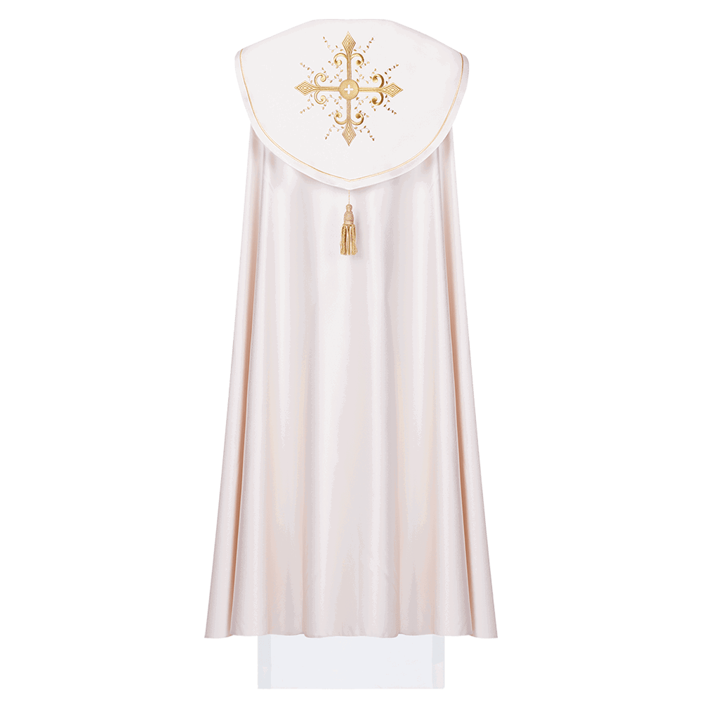 Simple liturgical cope in ecru with gold embroidered crosses