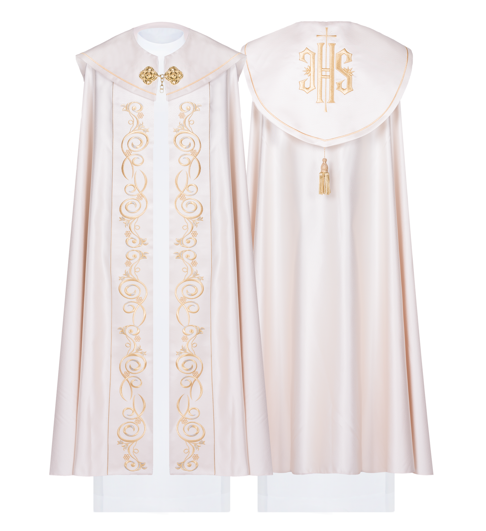 Classic liturgical cope in ecru and gold JHS embroidery - HAFTINAUSA.COM