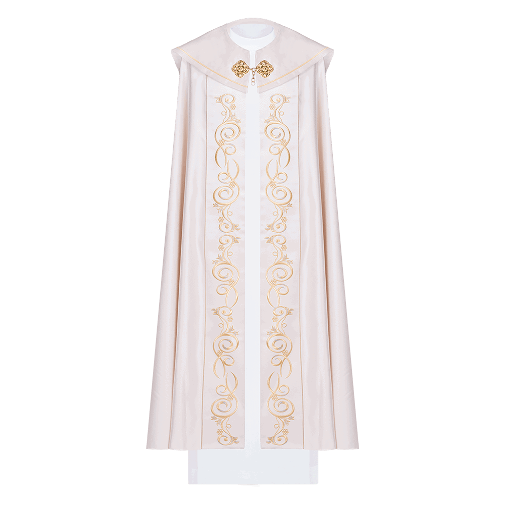 Classic liturgical cope in ecru and gold JHS embroidery