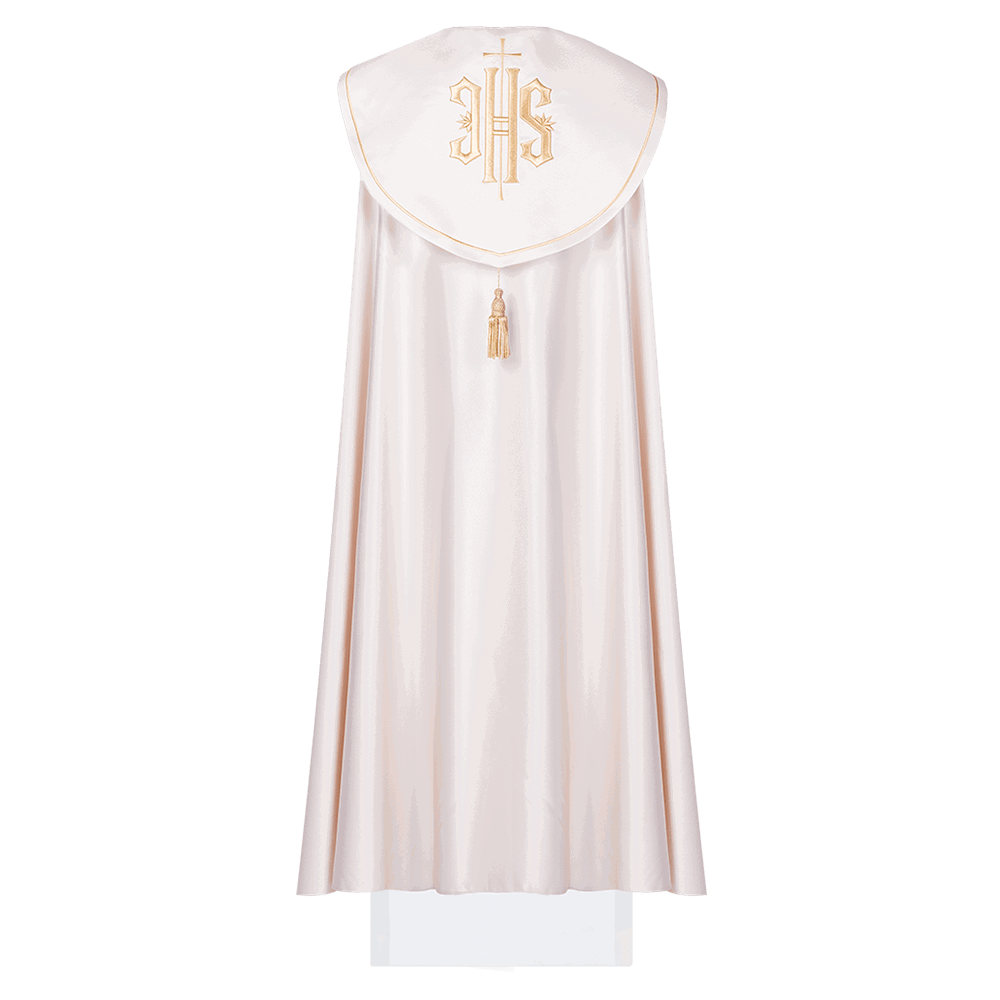 Classic liturgical cope in ecru and gold JHS embroidery