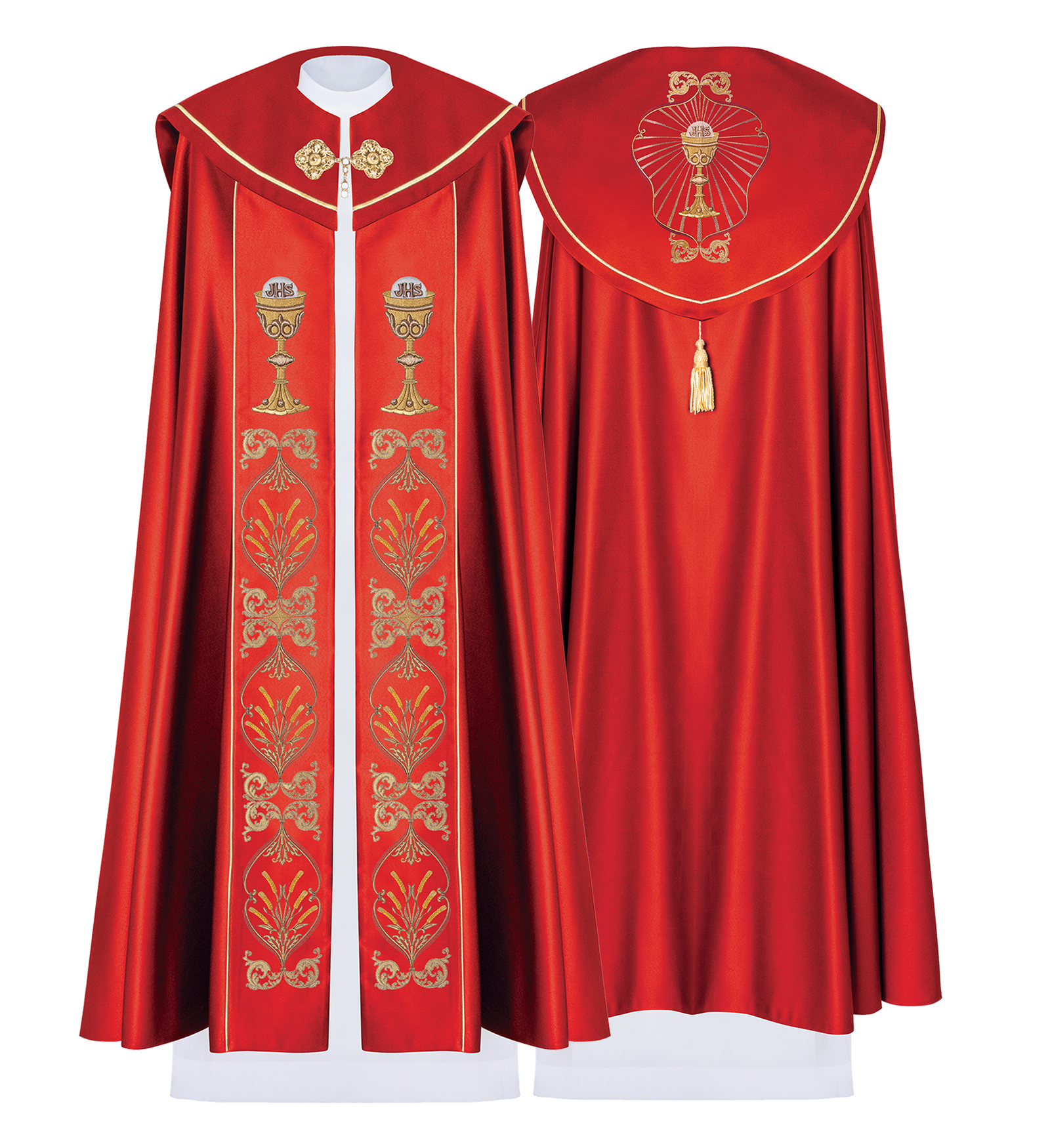 Red liturgical cope with Eucharist Chalice embroidery