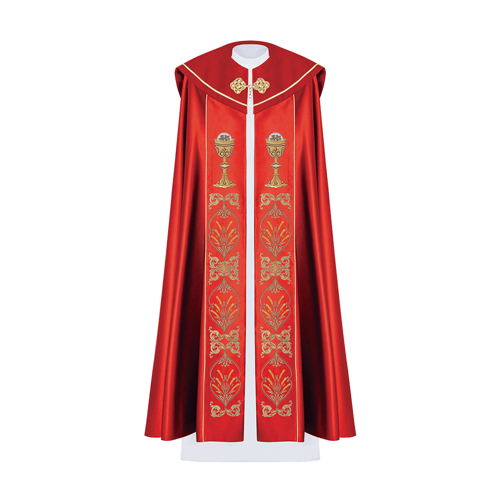 Red liturgical cope with Eucharist Chalice embroidery