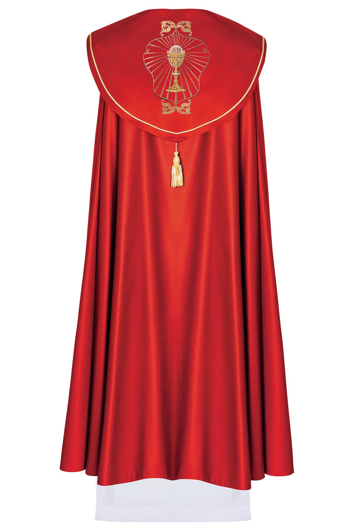 Red liturgical cope with Eucharist Chalice embroidery