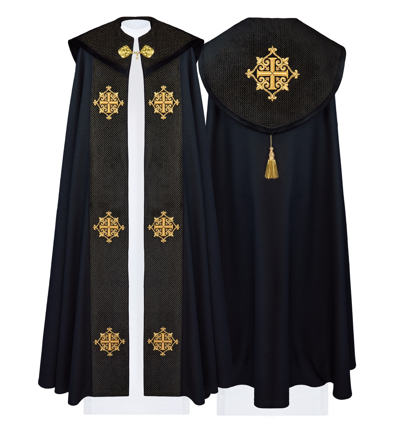 Black cope with a velvet sash and cross embroidery