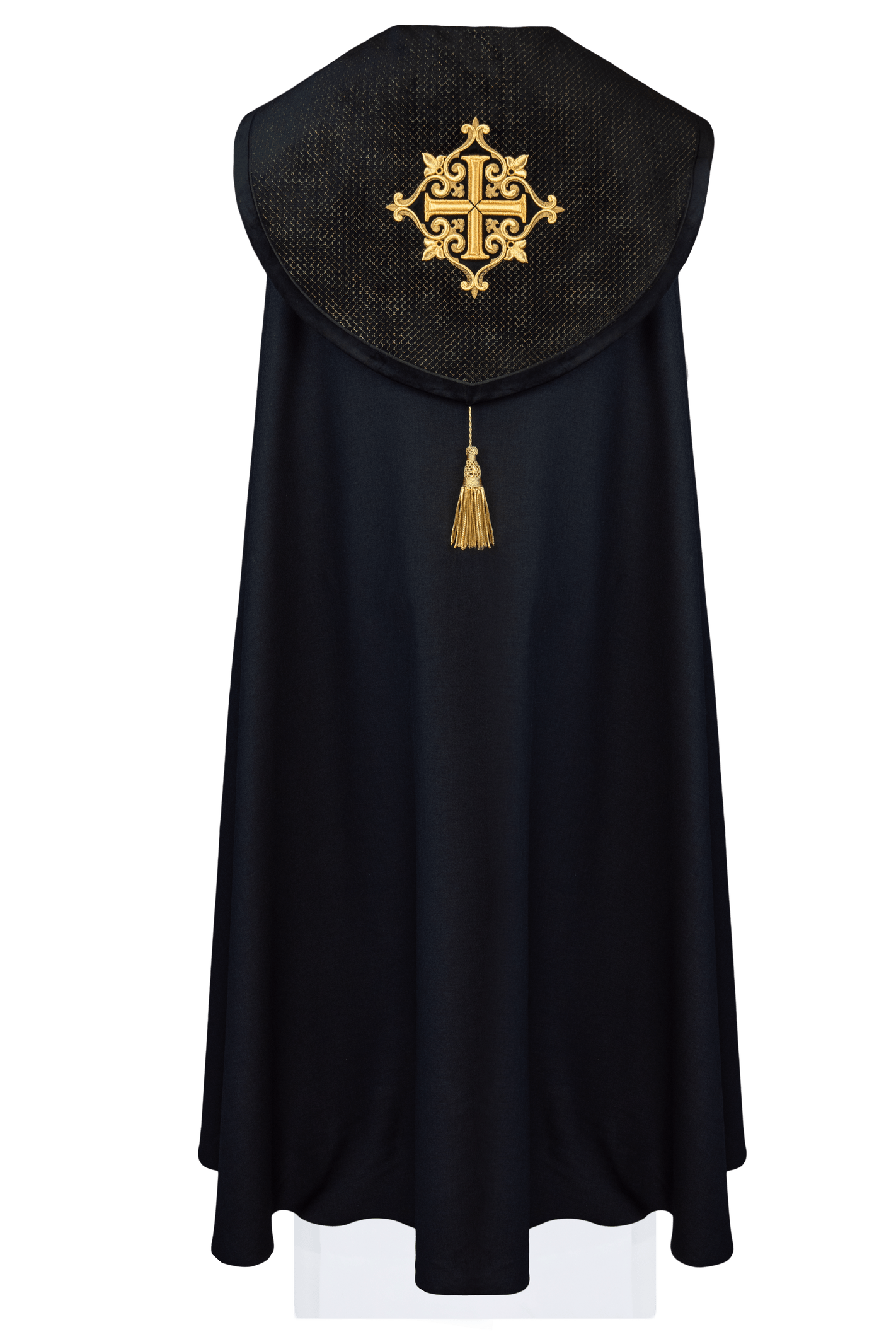 Black cope with a velvet sash and cross embroidery