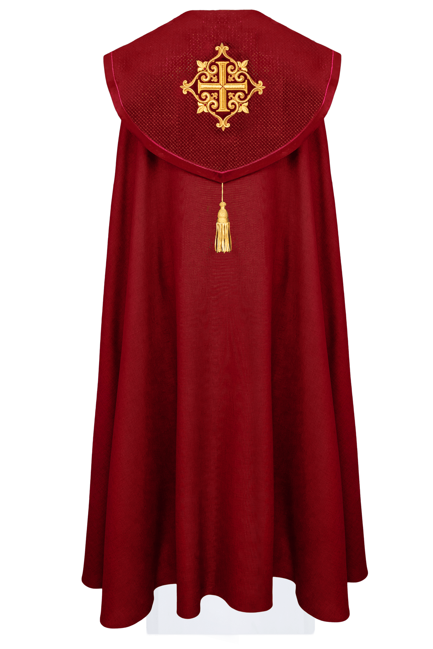 Red cope with a velvet sash and cross embroidery