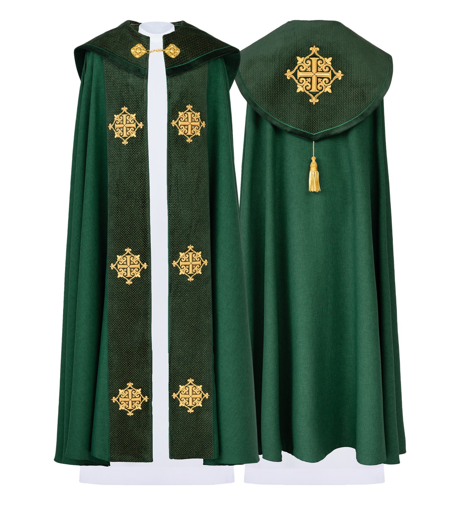 Green cope with a velvet sash and cross embroidery