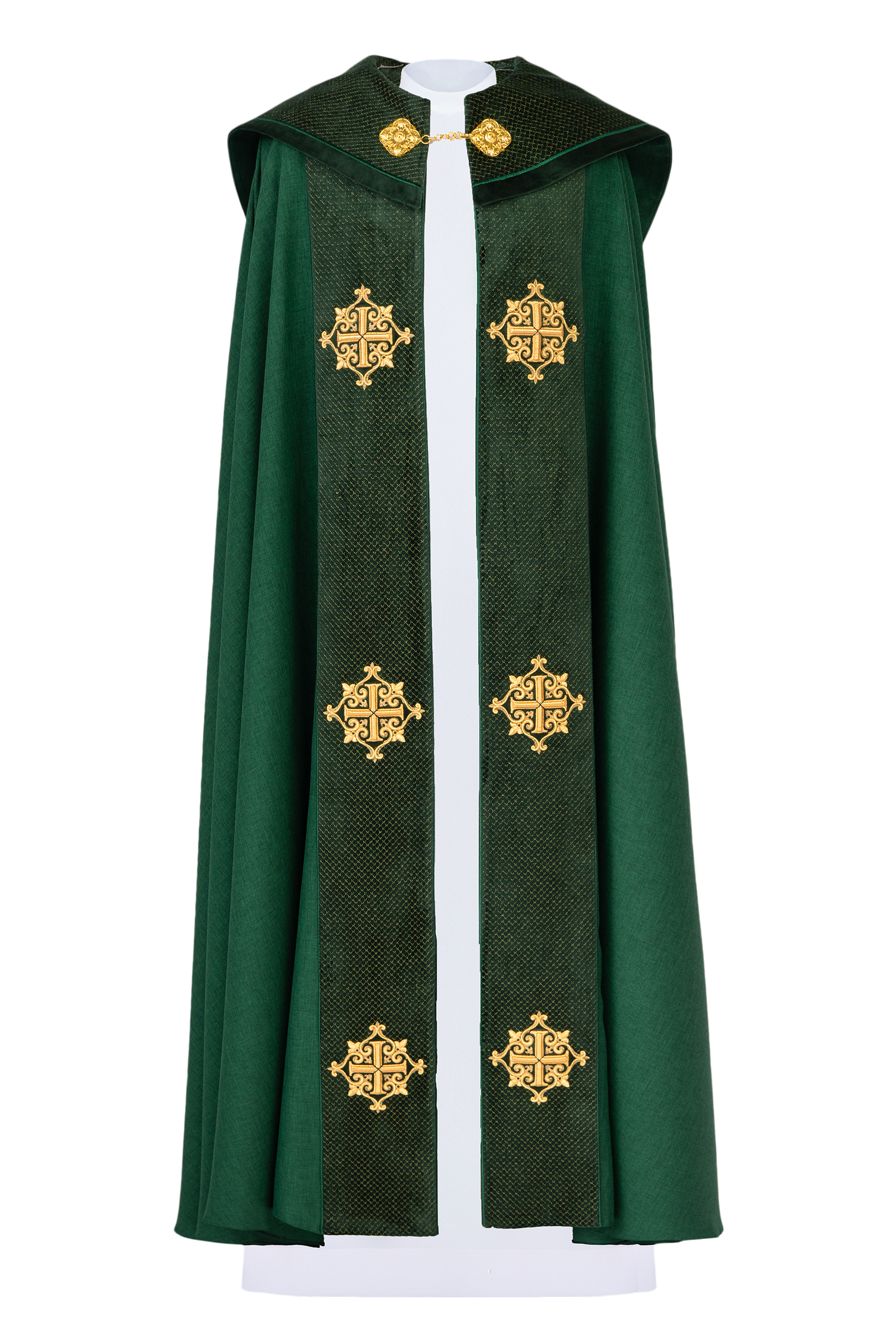 Green cope with a velvet sash and cross embroidery