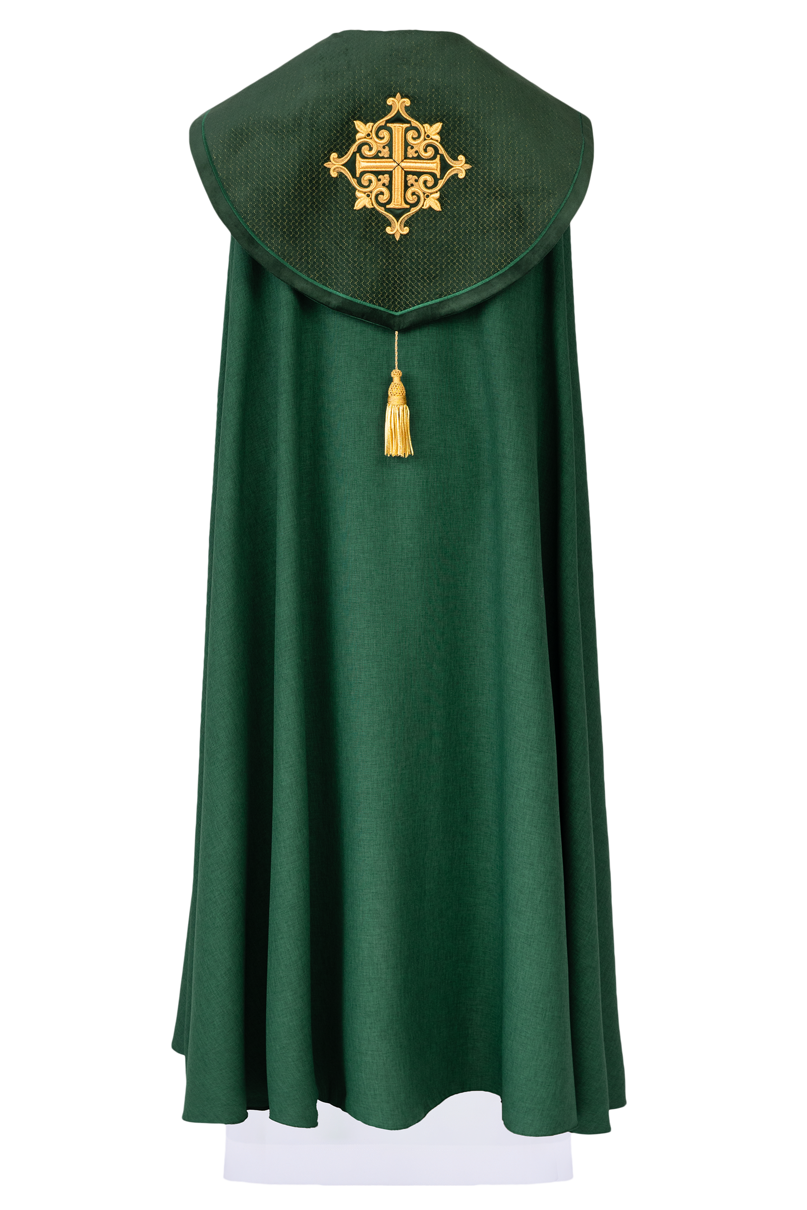 Green cope with a velvet sash and cross embroidery