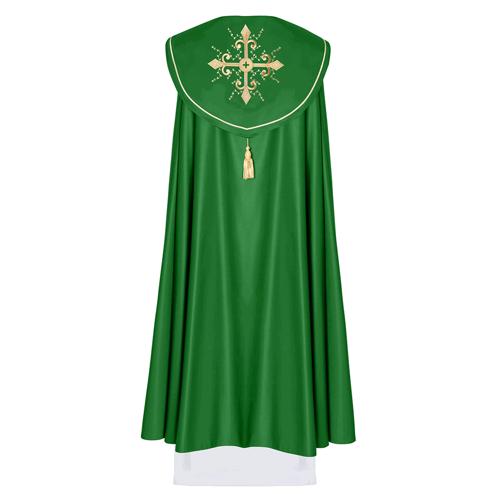 Green liturgical cope with embroidered crosses