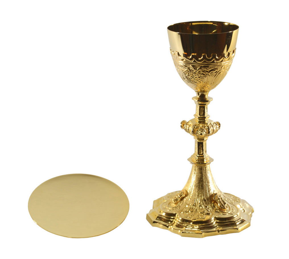 Chalice with skinny stem and paten made of brass with case