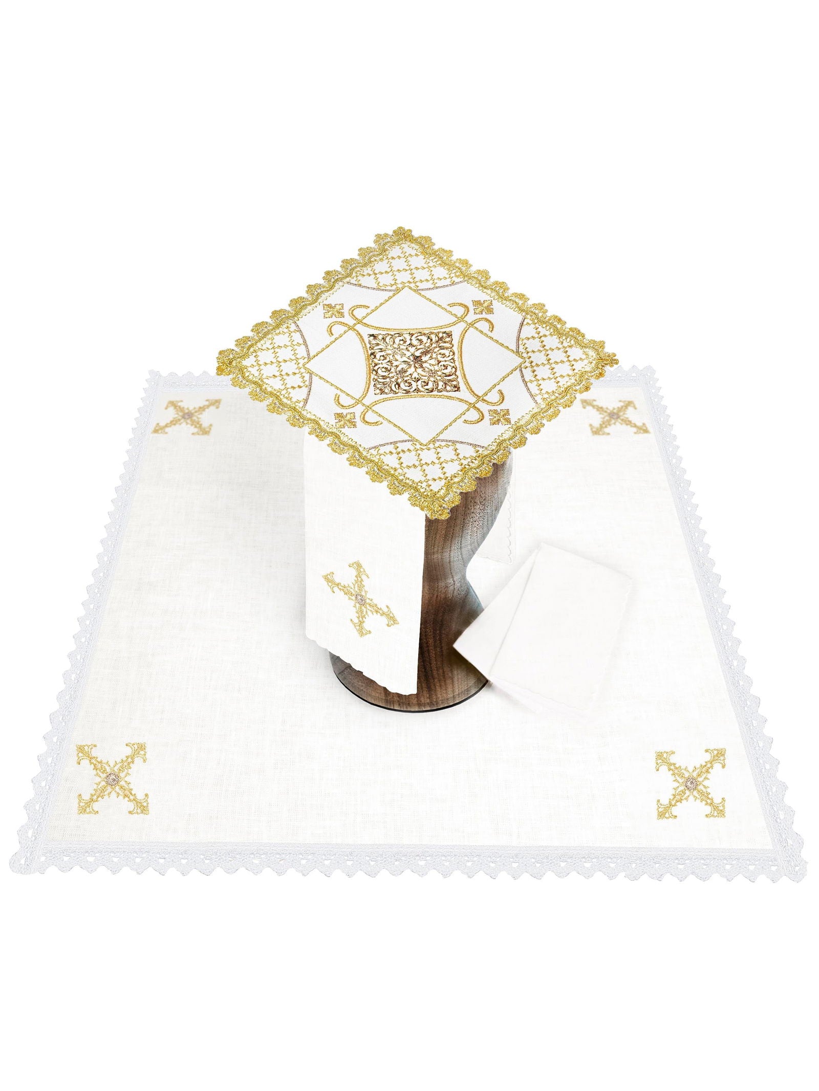 Chalice linen set with metal cross and gold embroidery - HAFTINAUSA.COM