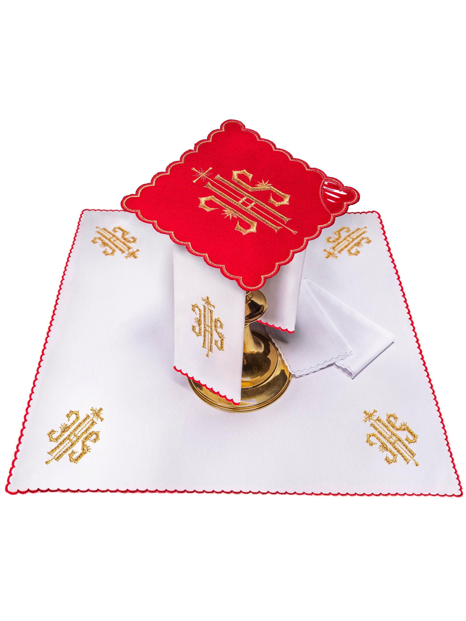 Chalice Set with red Pall and dimensional JHS embroidery