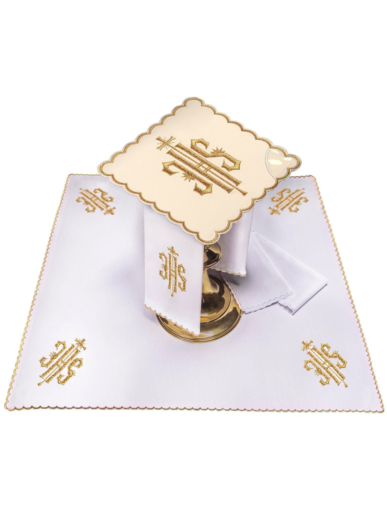 Chalice Set with ecru Pall and dimensional JHS embroidery - HAFTINAUSA.COM