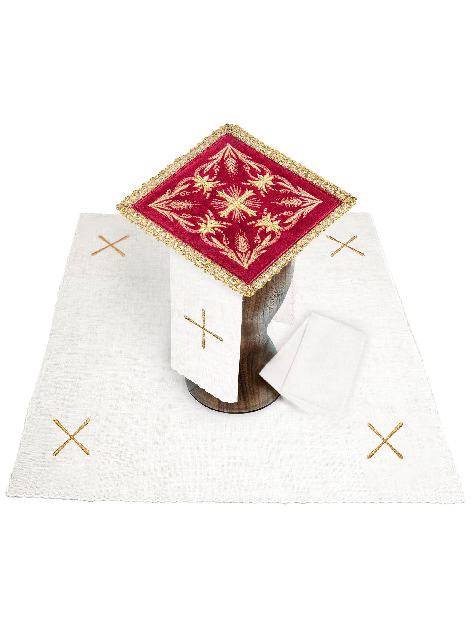 Burgundy chalice linens made from velvet and linen - HAFTINAUSA.COM