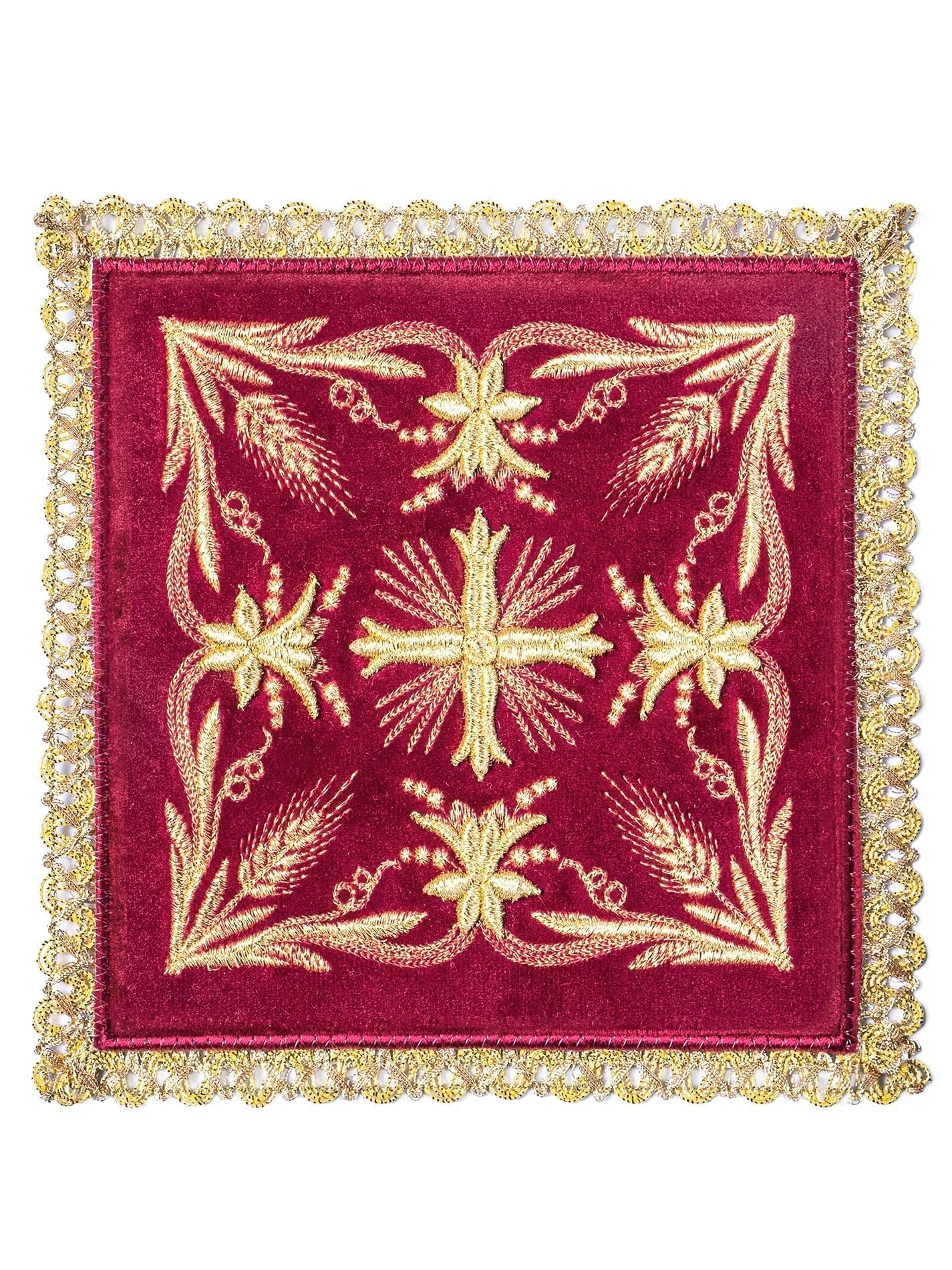 Burgundy chalice linens made from velvet and linen