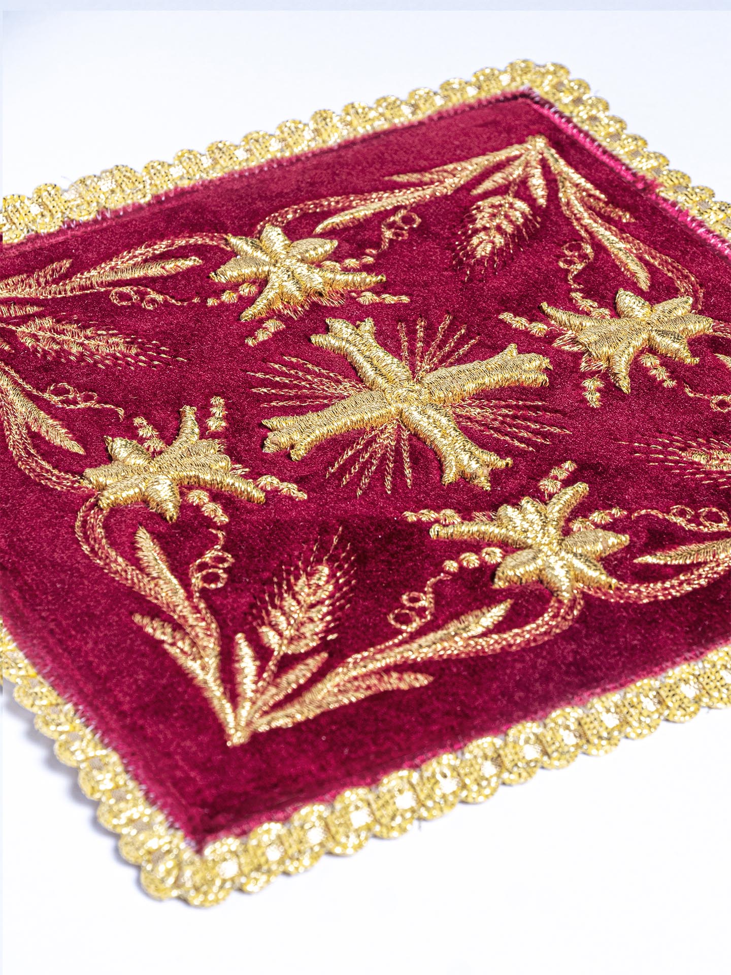 Burgundy chalice linens made from velvet and linen