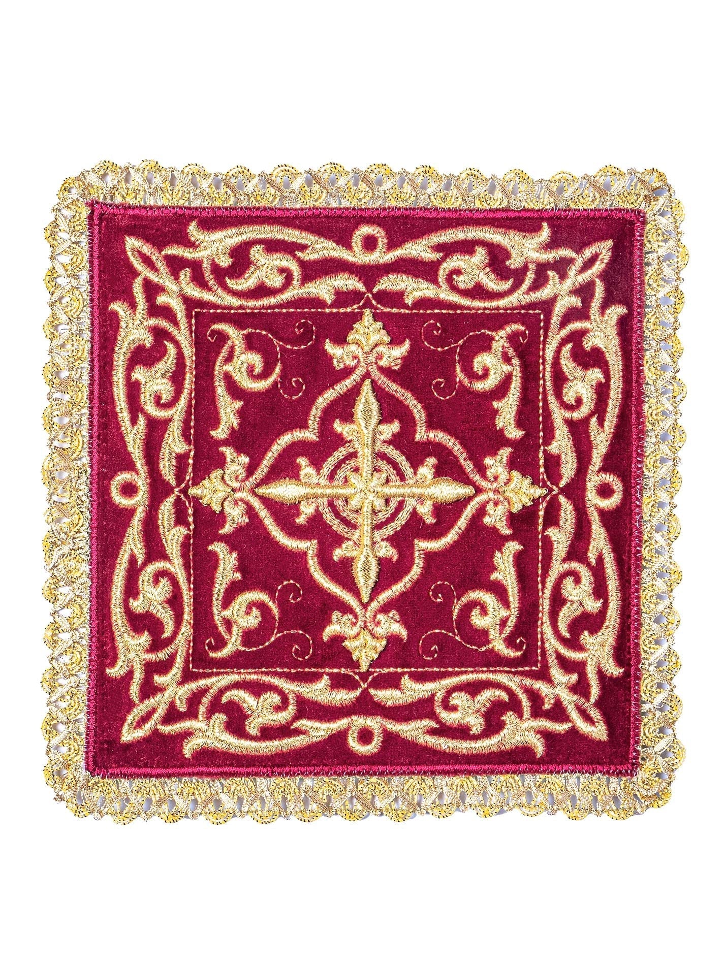 Mass linen with cross motif and pall made of red velvet